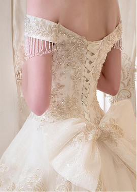 Beaded Lace Appliques Off-the-shoulder  Ball Gown Wedding Dress