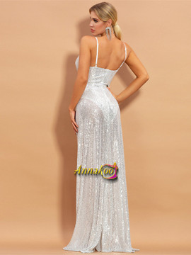 Buy Annakoo 2021 Silver V Neck A Line Sequin Sexy Backless Prom Dress With Slit Under 68