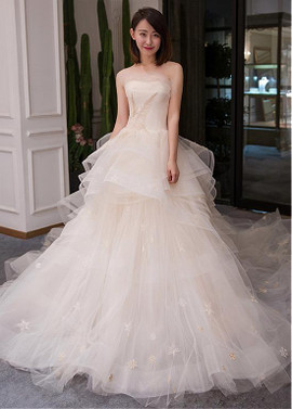 Lace Appliques Tulle Strapless  Ball Gown Wedding Dress