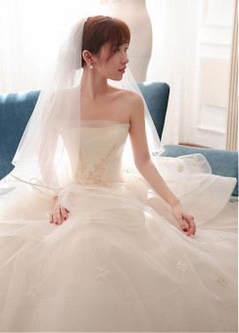 Lace Appliques Tulle Strapless  Ball Gown Wedding Dress
