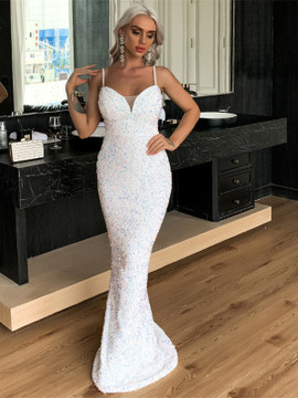 Spaghetti Straps Sexy White Sequin Trumpet Mermaid Prom Dress 