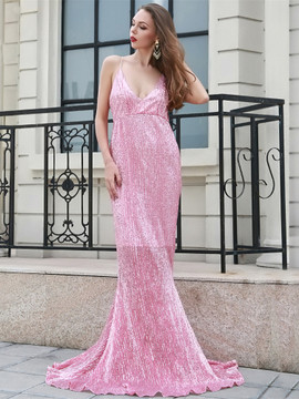 Shop ANNAKOO Pink Spaghetti Straps Sequin Long Trumpet Mermaid Prom Dress  Under 75