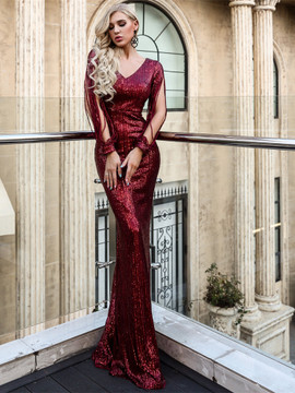 Long Sleeves Burgundy V Neck Sequin Trumpet Mermaid Prom Dress