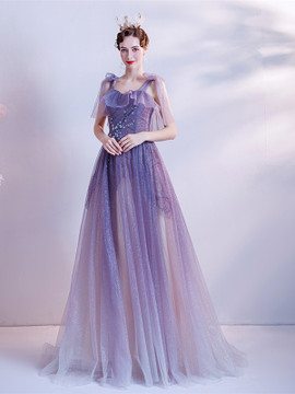 Buy 2021 ANNAKOO Straps Lace Up Back Sequin Purple Beading Tulle Prom Dress For Sale