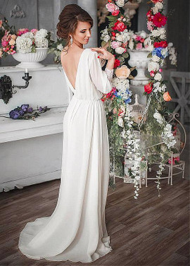 Simple Chiffon Jewel Backless Long Sleeve A-line Wedding Dress