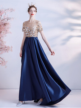 Buy 2021 Short Sleeves Color Rhinestone Blue Satin Scoop A Line Prom Dress Under 145