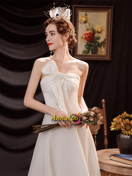 Strapless Lace Up Satin Pearls A Line Ankle Length Wedding Dress