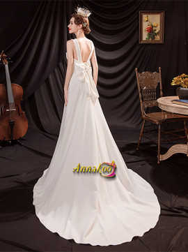 Buy Cheap 2021 Straps Satin A Line Sweep Train Pearl Zipper Back Wedding Dress Under 148