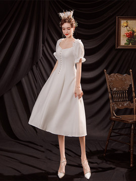Buy 2021 Puffy Sleeve Satin Tea Length A Line Button Square Wedding Dress Under 99