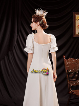 Buy 2021 Puffy Sleeve Satin Tea Length A Line Button Square Wedding Dress Under 99