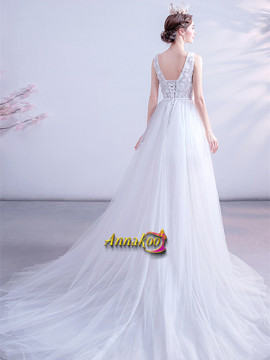 V Neck High Low A Line Flower Lace Tulle Wedding Dress