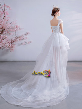 Shop 2021 Straps A Line High Low Tulle Lace Up Ruffles Wedding Dress Under 128