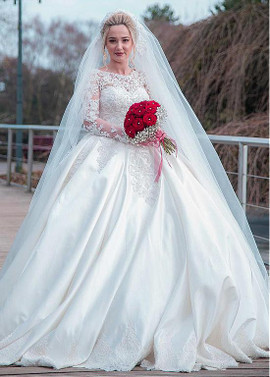 Tulle & Satin Jewel  Beaded Ball Gown Long Sleeve Wedding Dress
