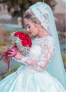 Tulle & Satin Jewel  Beaded Ball Gown Long Sleeve Wedding Dress