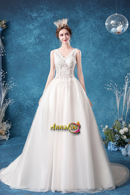 Shop 2021 ANNAKOO See Through V Neck Sheer Lace A Line Tulle Wedding Dress Under 135