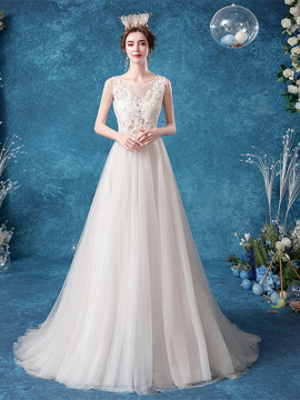 Shop 2021 ANNAKOO Scoop A Line Sheer Back Applique Tulle Wedding Dress Under 135