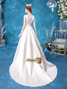 Satin Scoop A Line Cap Sleeve Sheer Back Long Wedding Dress