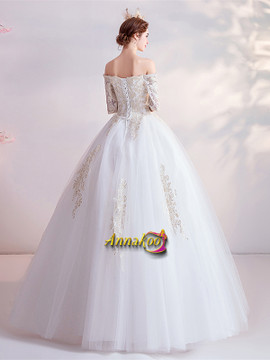 Shop 2021 Half Sleeve Ball Gown Appliques Lace Up Tulle Wedding Dress Under 129
