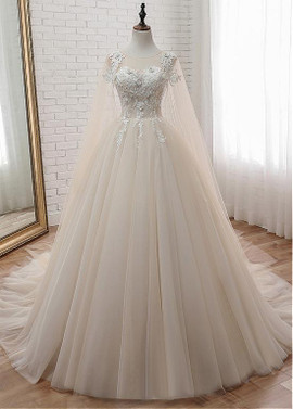 Tulle Jewel Ball Gown Wedding Dress With Lace Appliques