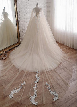 Tulle Jewel Ball Gown Wedding Dress With Lace Appliques