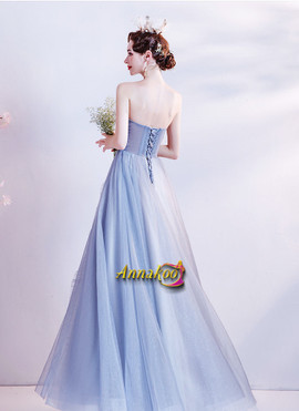 Ruffles Tulle Blue Strapless A Line Ankle Length Prom Dress