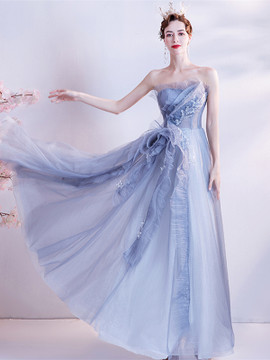Shop 2021 Ruffles Tulle Blue Strapless A Line Ankle Length Prom Dress Under 138
