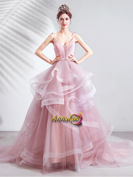 Shop 2021 ANNAKOO Spaghetti Straps Tulle Pink Lace Up Ruffles A Line Prom Dress under 128