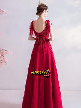 Straps Tulle Red Appliques A Line Lace Up Prom Dress