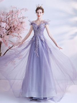 Shop 2021 Off The Shoulder Tulle Purple Appliques Lace Up A Line Prom Dress Under 135