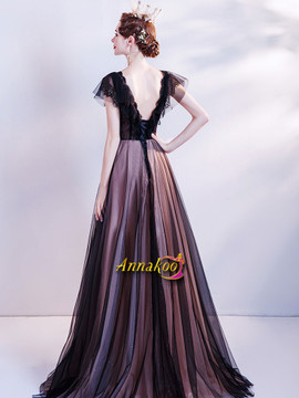 Black & Champagne Cap Sleeve V Neck Lace Up A Line Prom Dress