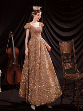 Shop 2021 ANNAKOO Gold Cap Sleeve Sequin A Line Lace Up Sexy Prom Dress Under 135