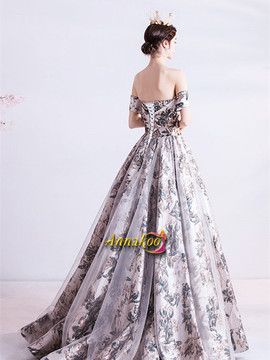 Flower Print A Line Gary Tulle Off The Shoulder Prom Dress