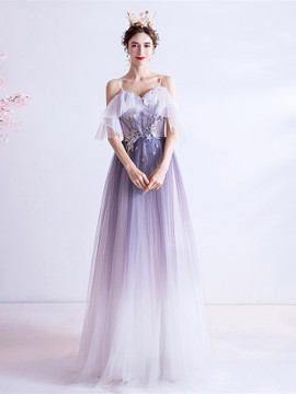 Shop 2021 Star and Moon Myth Gradient Lilac Tulle Spaghetti Straps Prom Dress Under 129