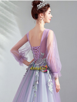 Shop 2021 Purple Tulle Long Sleeve Appliques Flower Lace Up Prom Dress Under 142