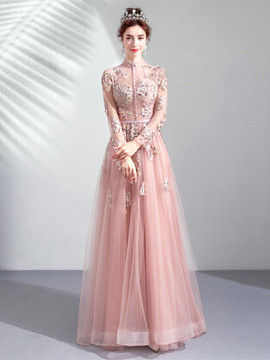 Shop 2021 ANNAKOO High Neck Pink Tulle Embroidery Lace Up Long Sleeve Prom Dress Under 145