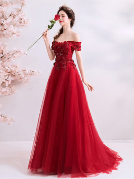 Shop ANNAKOO 2021 Burgundy Tulle Flowers Off The Shoulder A Line Prom Dress Under 128