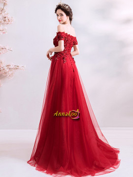 Burgundy Tulle Flowers Off The Shoulder A Line Prom Dress