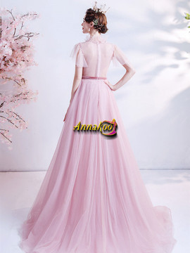 Shop ANNAKOO 2021 High Neck Pink Sheer Back See Through Short Sleeves A Line Prom Dress Under 138