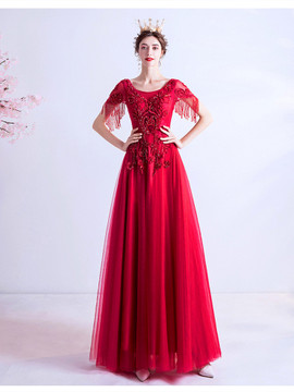 Shop 2021 ANNAKOO Burgundy Scoop Tulle 3D Flowers Beading Short Sleeves A Line Prom Dress Under 138