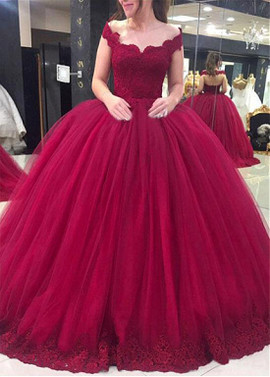Burgundy Tulle Off-the-shoulder Long Ball Gown Wedding Dress