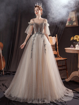 Shop 2021 Spaghetti Straps Champange Tulle Sequin Lace Up Short Sleeve Prom Dress Under 135