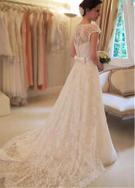 Lace Jewel Neckline Long A-line Wedding Dress With Belt