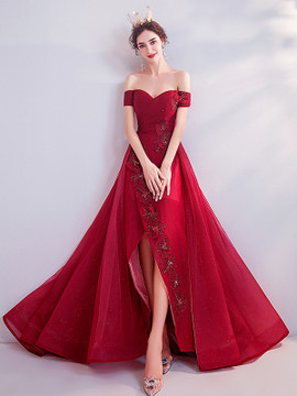 Shop Annakoo 2021 Burgundy Off The Shoulder Appliques Tulle Slit Formal Prom Dress Under 128