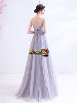 Spaghetti Straps Purple Ruffles Beading A Line Formal Prom Dress