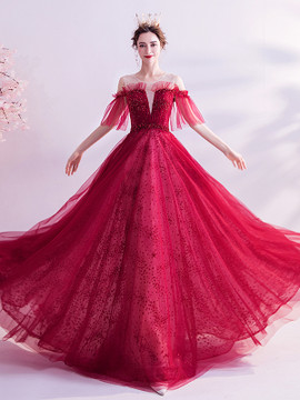 Shop 2021 ANNAKOO Burgundy Short Sleeve Tulle Beading A Line Prom Dress Under 127