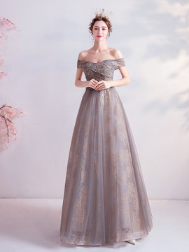 Buy Affordable Off The Shoulder Coffee Sequin Bling Bling Tulle Prom Dress From Annakoo