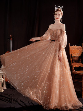 Shop 2021 ANNAkOO Gold Long Sleeve Sequin Sparkle Off The Shoulder Prom Dress Under 128