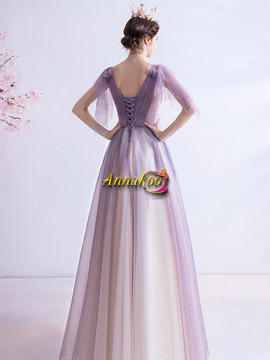 Buy 2021 Cap Sleeve V Neck Purple Tulle Beading A Line Prom Dress From Annakoo