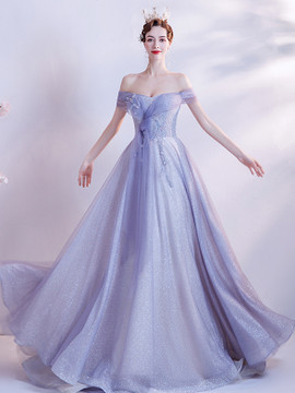 Shop ANNAKOO 2021 Off The Shoulder Blue Purple Appliques Lace Up Tulle Prom Dress Under 148