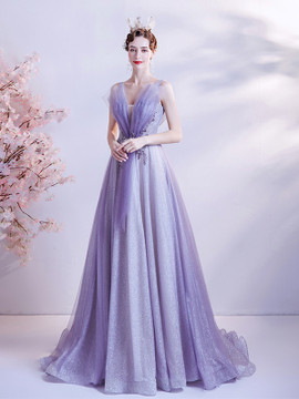 Shop 2021 Purple Lace Up Beading Lavender Ruched Tulle A Line Prom Dress Under 135